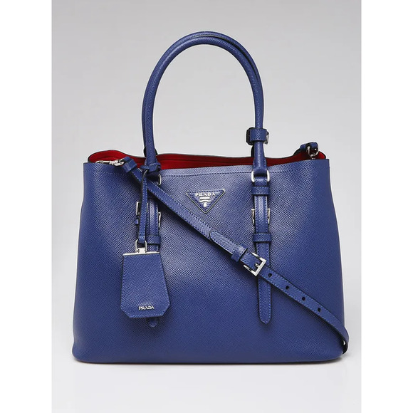 Prada  Saffiano Leather Double Handle Tote Handbag Inchiostro/Red - Picture 1 of 15